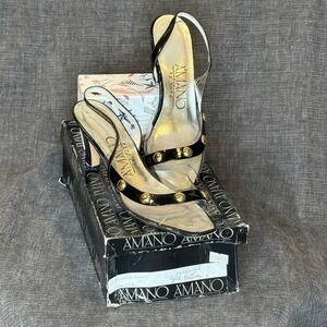 Vintage Amano Heels Clear w/ Black Patent Leather & Gold Button Accents Size 8.5